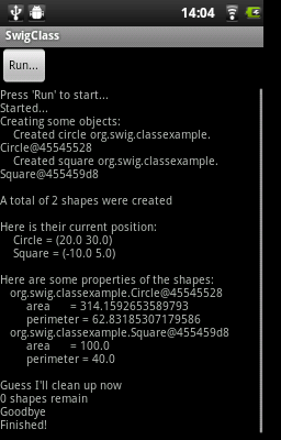 Android screenshot of SwigClass example